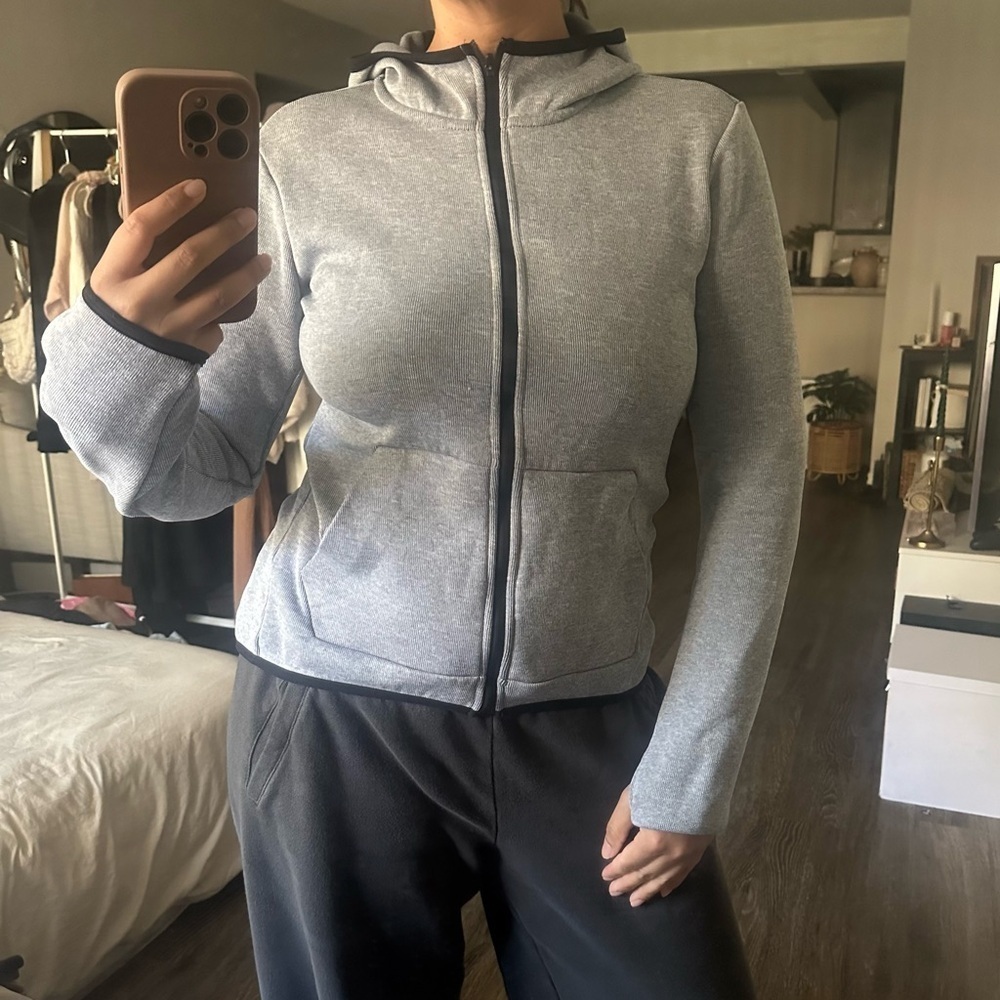 NIKE DRI-FIT Sweatshirt Women M Gray Zip Up Hooded Funnel Neck Thumb Hole